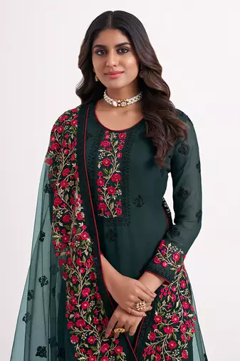 Dark green colour georgette embroidered straight fit salwar suit