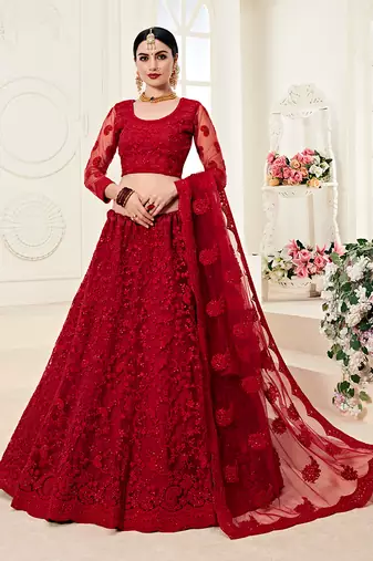 Red Embroidered Net Designer Lehenga Choli