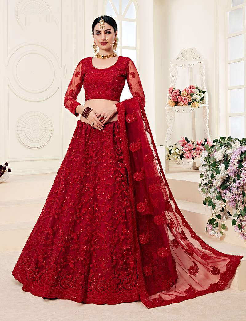 Red Embroidered Net Designer Lehenga Choli