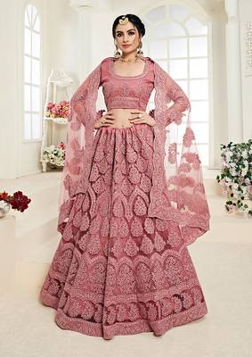 Salmon Embroidered Net Lehenga Choli 1