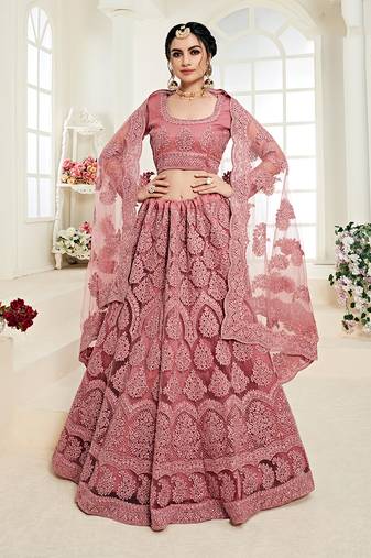 Salmon Embroidered Net Designer Lehenga Choli