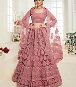 Salmon Embroidered Net Designer Lehenga Choli
