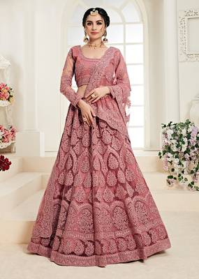Salmon Embroidered Net Lehenga Choli 2