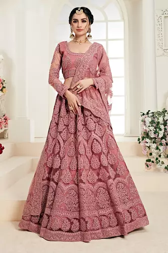Salmon Embroidered Net Lehenga Choli