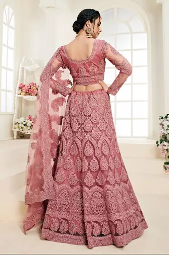 Salmon Embroidered Net Lehenga Choli