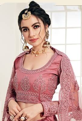 Salmon Embroidered Net Lehenga Choli 4