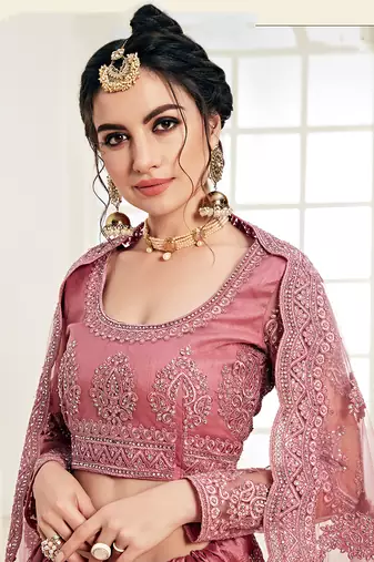 Salmon Embroidered Net Lehenga Choli