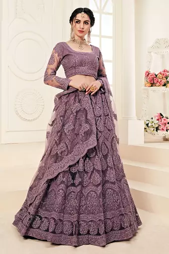 Mauve Embroidered Net Lehenga Choli