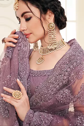 Mauve Embroidered Net Lehenga Choli