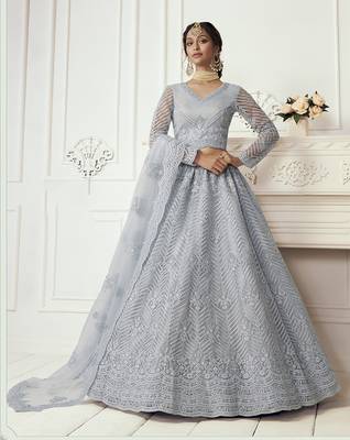 Grey Embroidered Net Lehenga Choli 1
