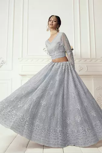 Grey Embroidered Net Lehenga Choli