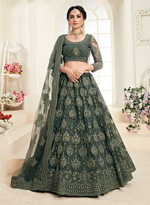 Olive Green Embroidered Net Lehenga Choli 1