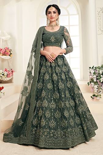 Olive Green Embroidered Net Designer Lehenga Choli