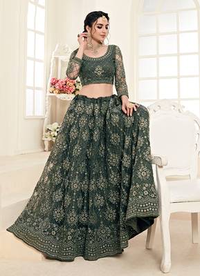 Olive Green Embroidered Net Lehenga Choli 2