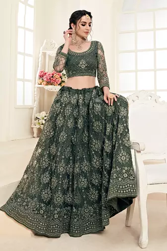 Olive Green Embroidered Net Lehenga Choli