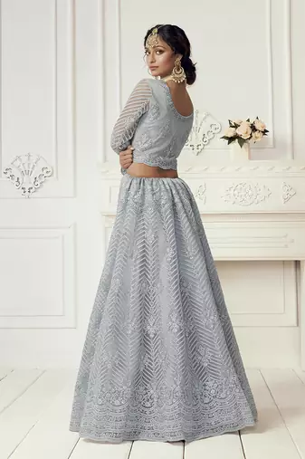 Grey Embroidered Net Lehenga Choli