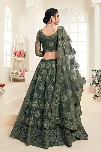 Olive Green Embroidered Net Lehenga Choli