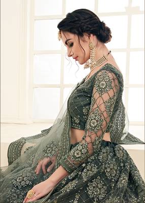 Olive Green Embroidered Net Lehenga Choli 4