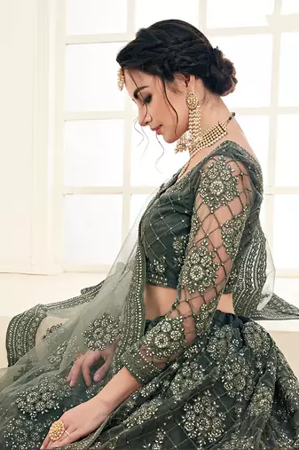 Olive Green Embroidered Net Lehenga Choli