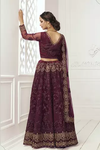 Wine Embroidered Net Lehenga Choli