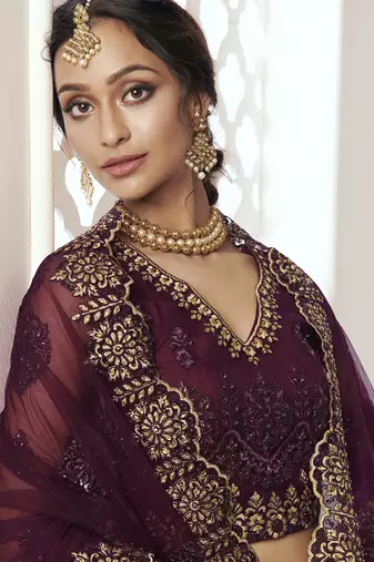 Wine Embroidered Net Lehenga Choli