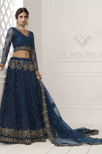 Dark Indigo Embroidered Net Lehenga Choli