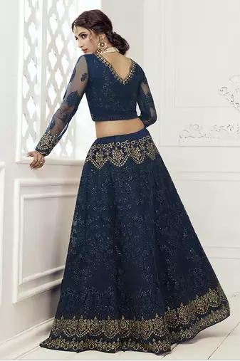 Dark Indigo Embroidered Net Lehenga Choli
