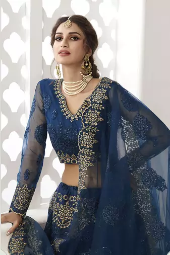 Dark Indigo Embroidered Net Lehenga Choli