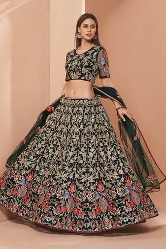 Green Net Lehenga Choli with Heavy Thread Work embroidery