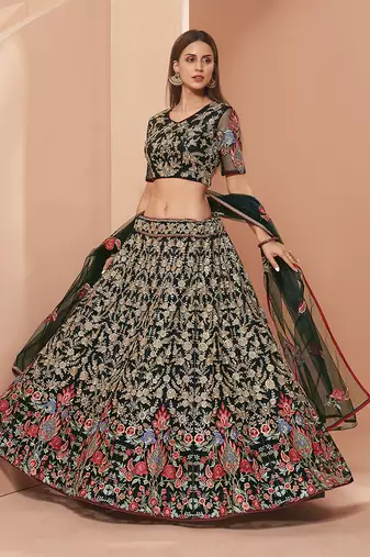 Green Net Lehenga Choli with Heavy Thread Work embroidery