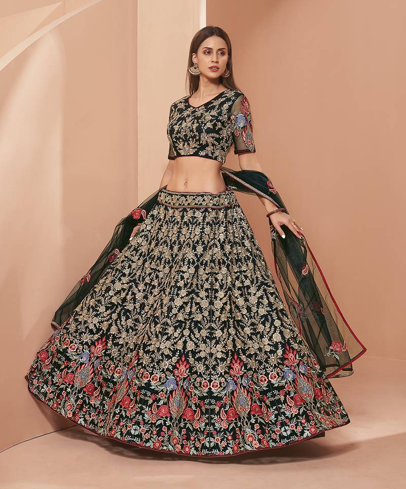 Green Net Lehenga Choli with Heavy Thread Work embroidery