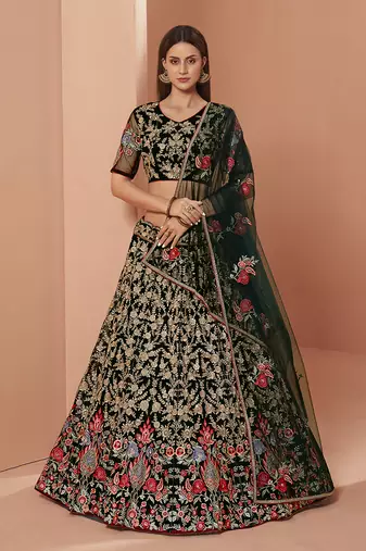 Green Net Embroidered Lehenga Choli