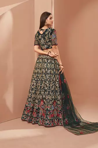 Green Net Embroidered Lehenga Choli