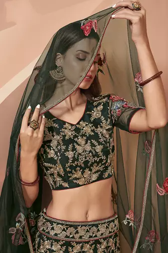 Green Net Embroidered Lehenga Choli