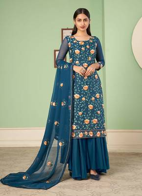 Blue georgette embroidered palazzo kameez 1