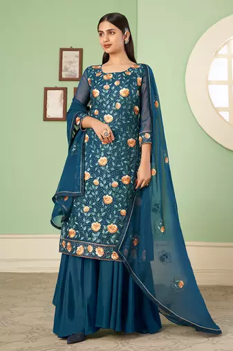 Blue georgette embroidered palazzo kameez