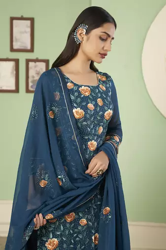 Blue georgette embroidered palazzo kameez