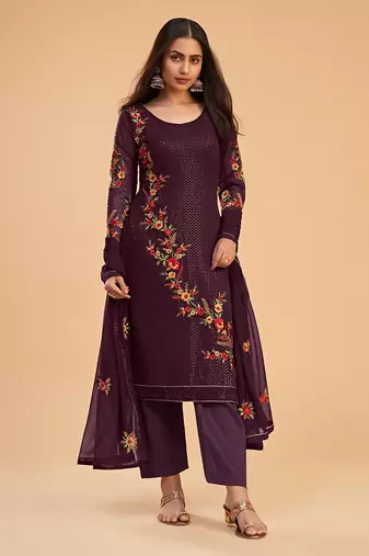 Wine georgette sequins work salwar kameez
