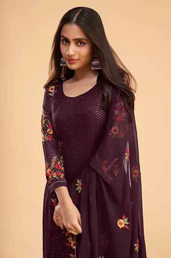 Wine georgette sequins work salwar kameez