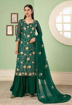 Georgette thread embroidery green palazzo suit 1