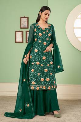 Georgette thread embroidery green palazzo suit 2