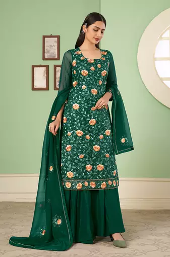 Georgette thread embroidery green palazzo suit