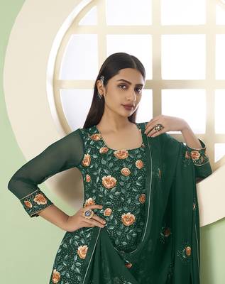 Georgette thread embroidery green palazzo suit 3