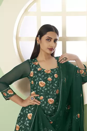 Georgette thread embroidery green palazzo suit