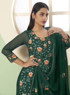 Georgette thread embroidery green palazzo suit 4