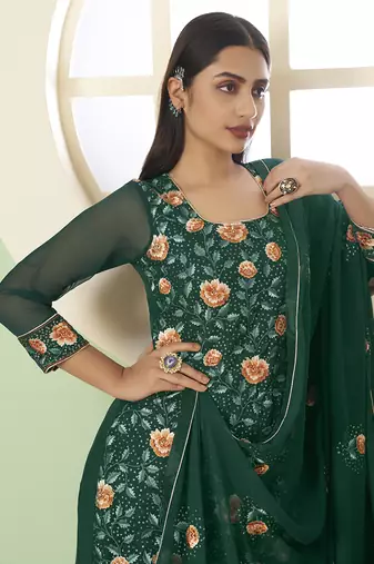 Georgette thread embroidery green palazzo suit