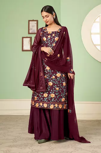 Maroon embroidered georgette salwar kameez