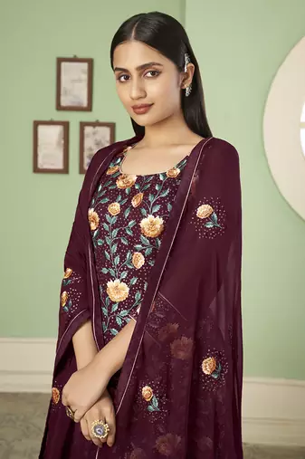 Maroon embroidered georgette salwar kameez