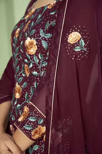 Maroon embroidered georgette salwar kameez