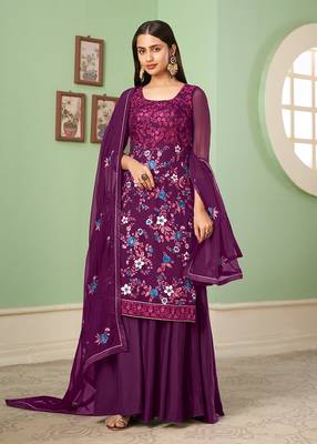Purple embroidered georgette salwar suit 1